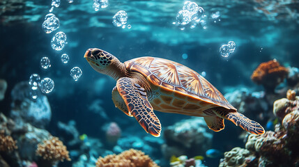 Obraz premium A majestic sea turtle gliding gracefully above a bed of coral, surrounded by vibrant marine life and bubbles