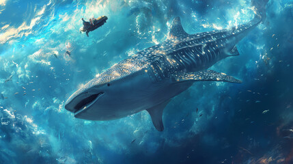 Fototapeta premium A giant whale shark drifting peacefully through the ocean, accompanied by small fish in a stunning blue expanse