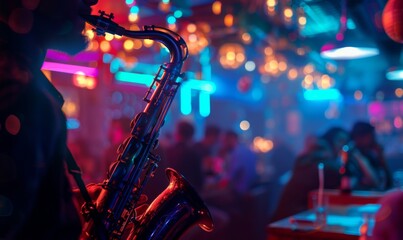 Obraz premium A saxophonist playing in a lively jazz club, with warm and cool bokeh lights creating a dynamic and atmospheric setting, capturing the essence of live music and vibrant nightlife