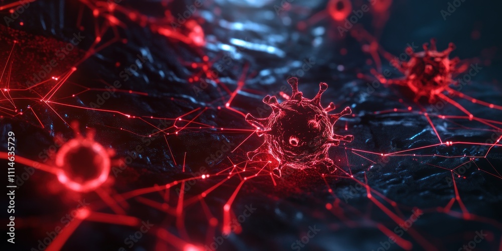 Poster Red Illuminated Virus Network Abstract Digital Art