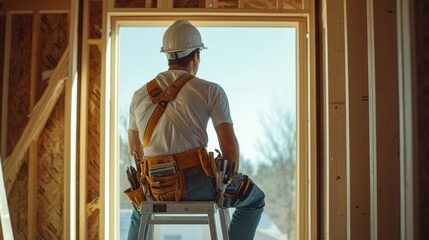 Construction Scene Featuring Electrician with Tool Belt and Hard Hat, Documentary-Style Full-Body Photo