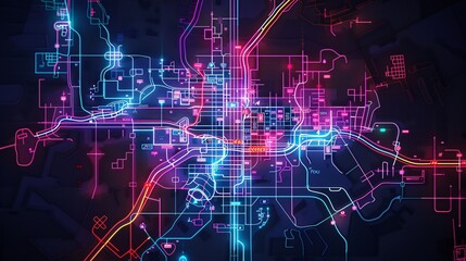 Obraz premium Vibrant abstract digital landscape with a complex network of interconnected circuits data flows and luminous geometric patterns Futuristic high tech background representing technological innovation
