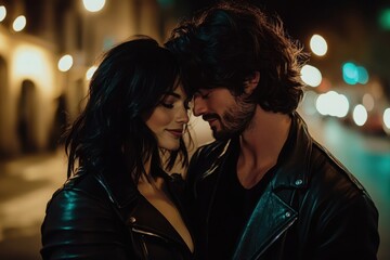 Young couple in leather jackets sharing a secret moment on a city street at night under soft street lights