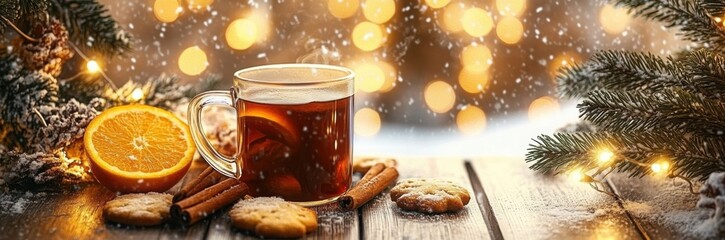 Mulled wine with cinnamon and orange or punch with Christmas cookies and copy space