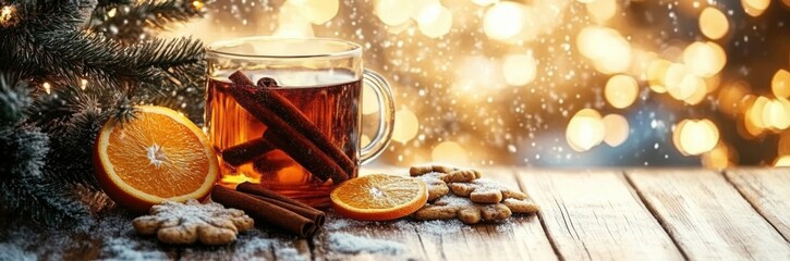 Mulled wine with cinnamon and orange or punch with Christmas cookies and copy space