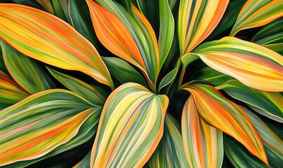 Fototapeta premium Vibrant foliage with orange, yellow, and green stripes.