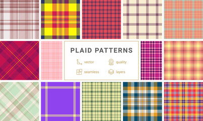 Geometric plaid patterns in trendy colors, great for textile designs, fabric prints, or stylish clothing material.