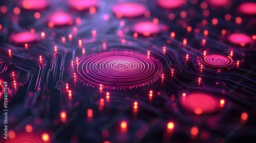 Poster abstract circuit board with pink concentric circles and lights