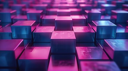 Obraz premium Abstract 3D rendering of glowing pink and blue cubes.