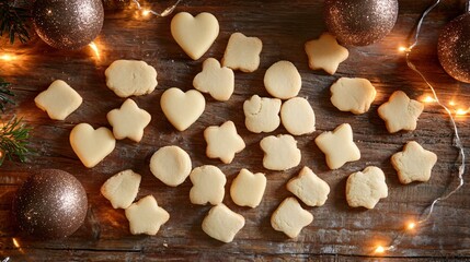 A rustic flat lay featuring butter cookies in holiday shapes, surrounded by festive baubles and twinkling lights