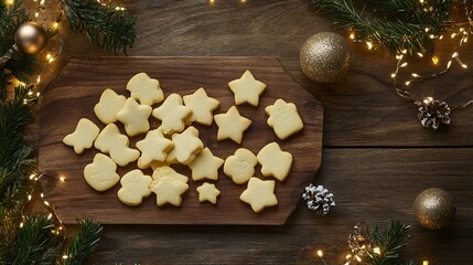 A rustic flat lay featuring butter cookies in holiday shapes, surrounded by festive baubles and twinkling lights