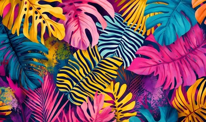 Vibrant tropical leaves pattern with bold colors and textures.