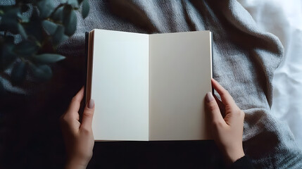 Naklejka premium Woman's hands open empty catalog, magazines, book mockup