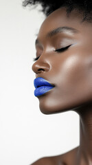 Closeup beautiful black woman with blue tones lipstick . BlueLipstick Swatch.