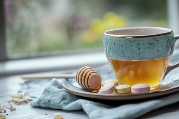 Herbal tea, honey, and pills near window.