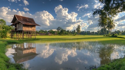 Obraz premium Stilt House Rice Paddy Scenic Landscape View