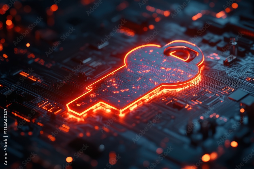 Poster glowing key on circuit board digital security