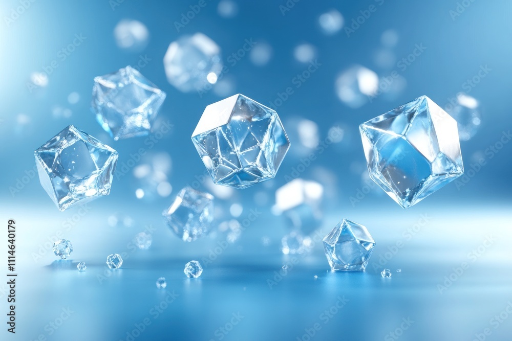 Poster crystalline ice cubes floating in blue background