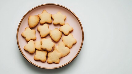 Fototapeta premium Butter cut-out cookies shaped like stars and hearts, arranged on a porcelain plate, isolated on a clean white background