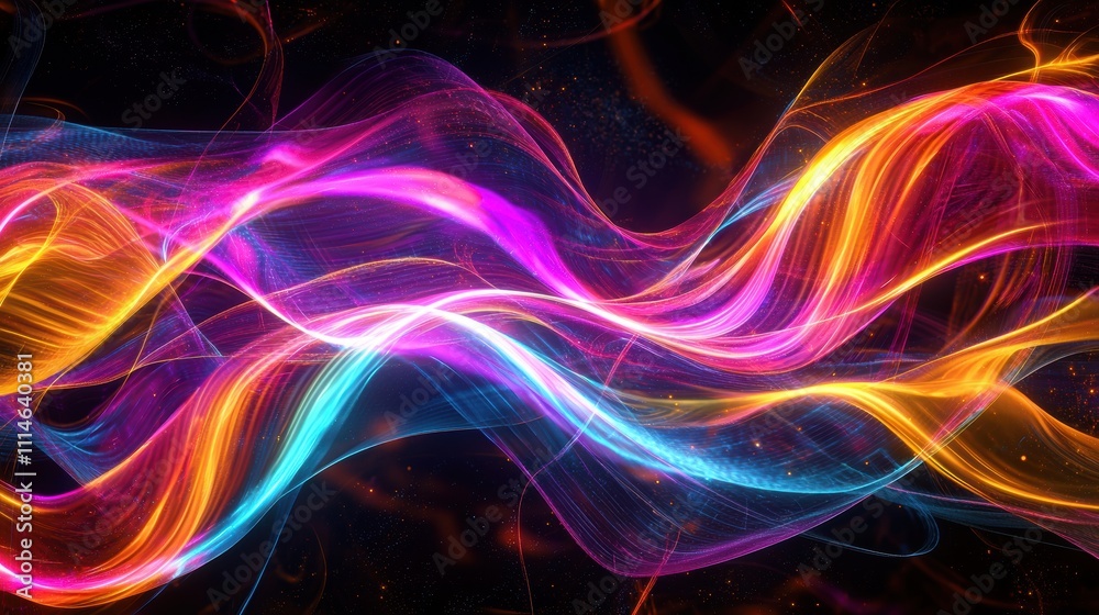 Wall mural abstract colorful waves of neon light forming dynamic patterns on a dark background.