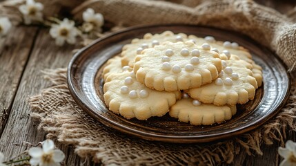 Butter cut-out cookies styled with edible pearls, placed on a ceramic plate with a burlap cloth and rustic wooden backdrop