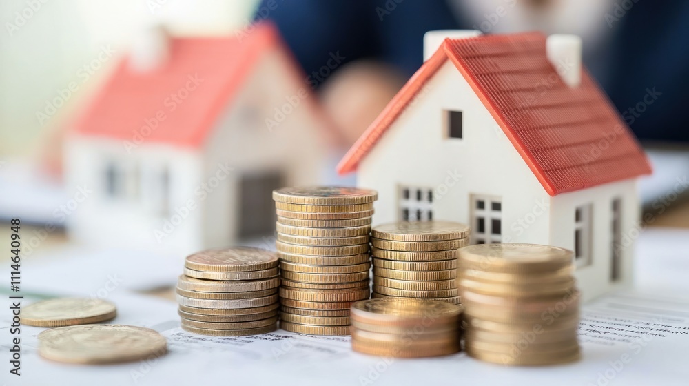 Poster house models and stacks of coins represent savings