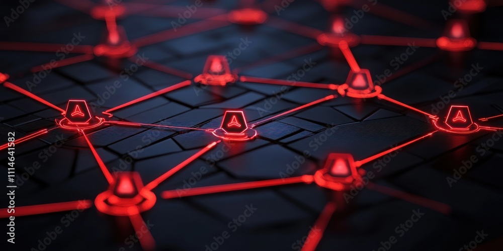 Poster Red Network Nodes Illuminate Dark Surface Showing Connections