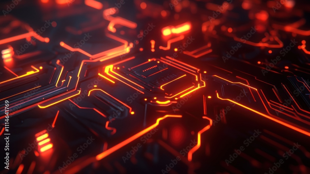 Poster Abstract Futuristic Circuit Board Glowing Red