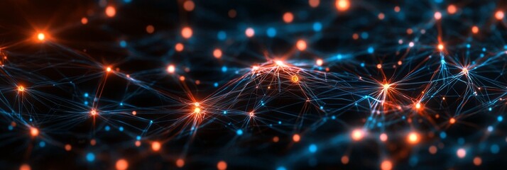 Dynamic network of glowing blue and orange nodes and connections