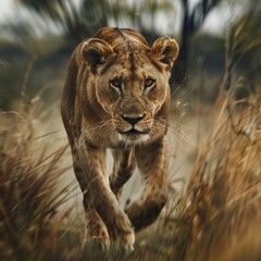 Obraz premium A full shot photo of a lioness walking confidently through tall golden grass, deep focus on the movement of its muscles and fur, low-angle shot that makes the lion appear larger and more imposing
