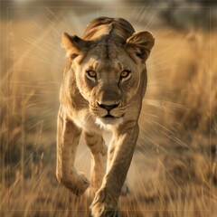 Fototapeta premium A full shot photo of a lioness walking confidently through tall golden grass, deep focus on the movement of its muscles and fur, low-angle shot that makes the lion appear larger and more imposing