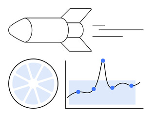 Rocket soaring forward a citrus slice symbolizing freshness and a data graph representing progress. Ideal for innovation, growth, data analysis, success, freshness, speed, modernity. Line metaphor