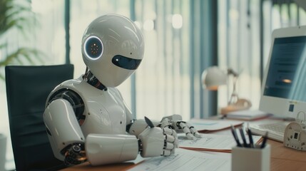 the robot signs documents in the office, teamwork between humans and artificial intelligence, automation of business processes with the help of an assistant, electronic document management