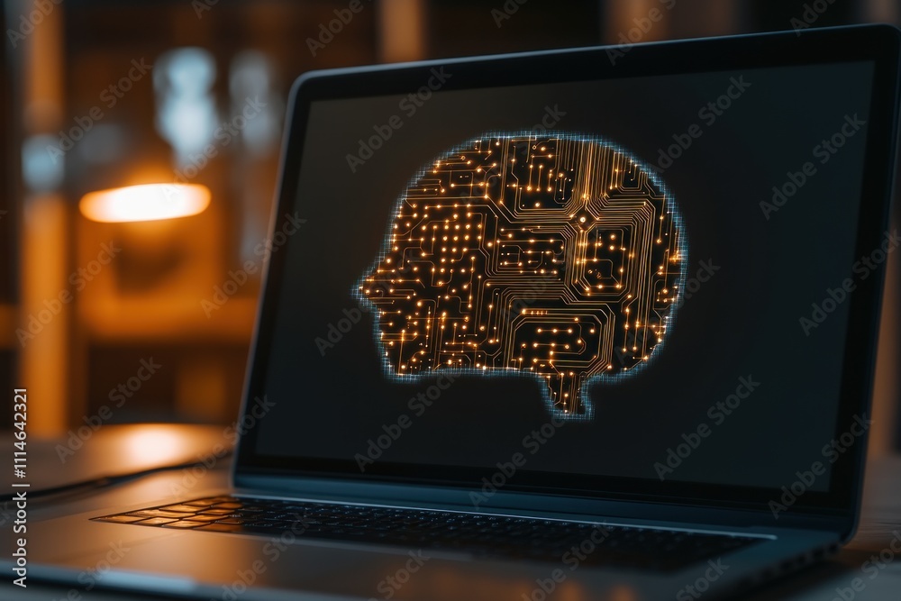 Poster laptop screen displays circuit brain image