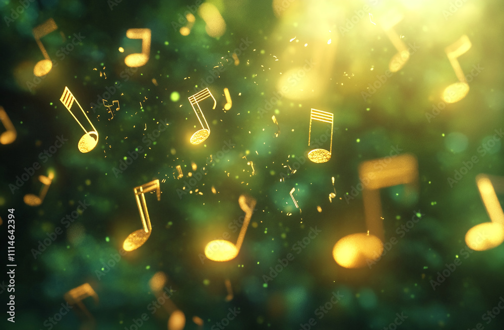 Poster Golden musical notes floating in a vibrant green background create a lively atmosphere of rhythm and melody