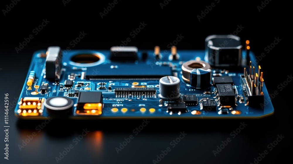 Poster closeup view of a blue circuit board with components