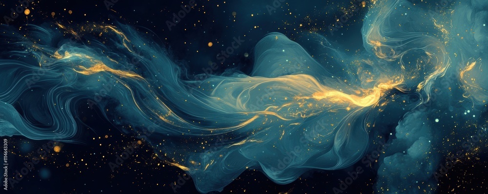 Wall mural abstract flowing blue and golden light patterns with glowing particles on a dark background