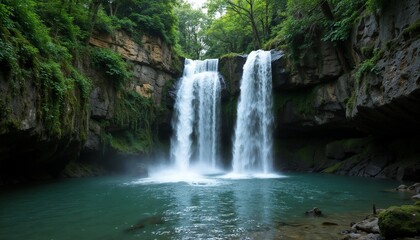 Twin waterfalls in dense jungle with natural pool