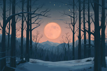 Full moon Night with river and tree vector illustrations 