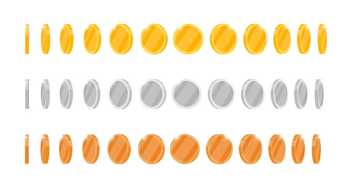 Animated gold, silver and bronze coin rotation in multiple directions for video game app. Blank casino token turning at various angles. Spinning metal achievement symbol. Flat 3D currency in motion