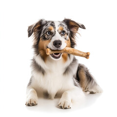 Fototapeta premium Playful Australian Shepherd Dog with a Chew Bone in Its Mouth Against a Bright White Background for Pet and Animal Lovers