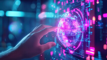 Hand interacting with glowing digital globe interface surrounded by neon lights and futuristic data on a blue and pink gradient background.