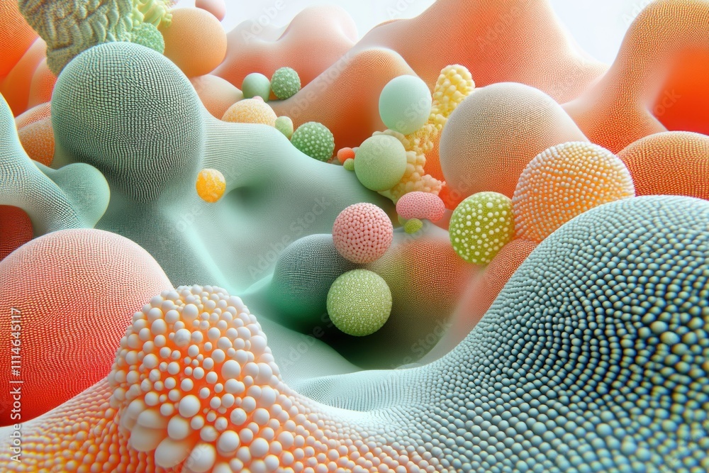 Poster abstract colorful spheres rolling across a textured landscape