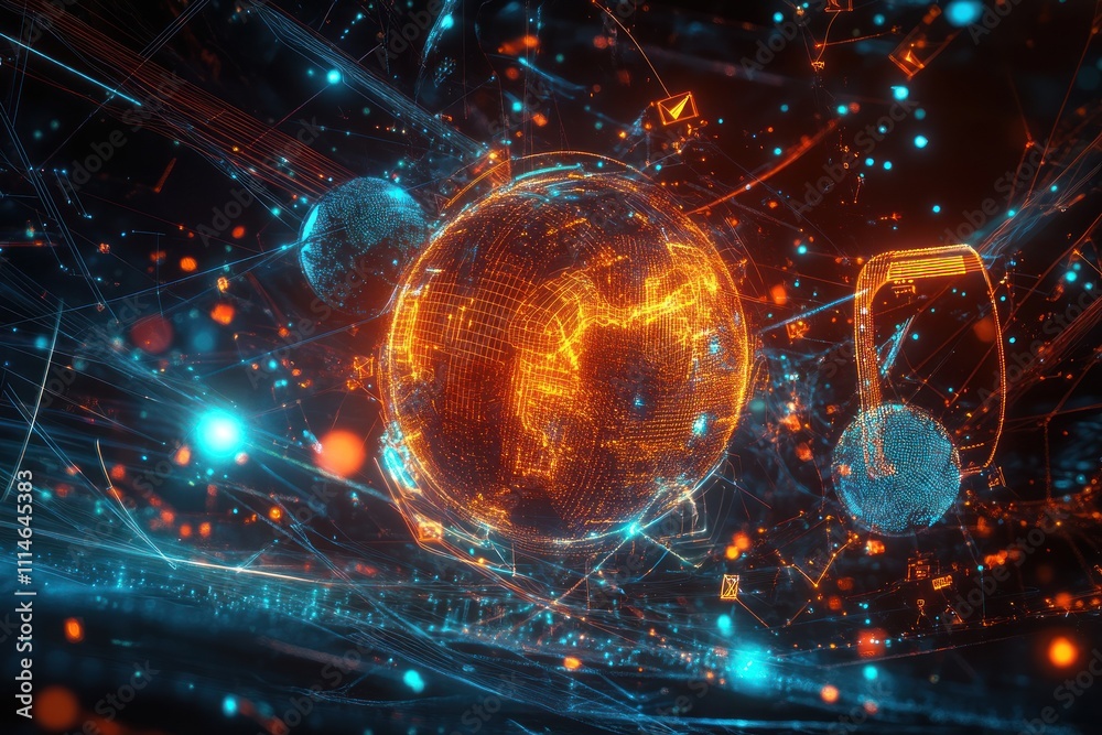 Poster global network digital connections illuminated sphere