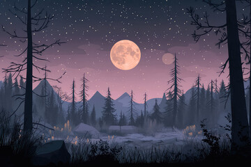 Full moon Night with river and tree vector illustrations 
