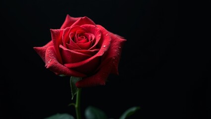 Close-up of a stunning red rose with dew drops on a black background, perfect for romance-themed design projects