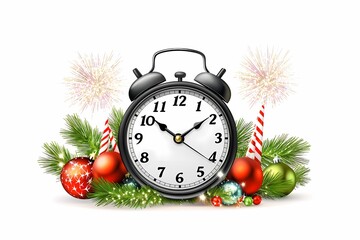 Vintage Alarm Clock Surrounded by Christmas Decorations and Fireworks