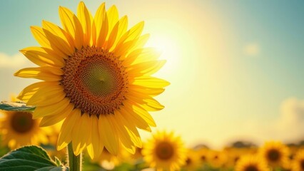 Obraz premium Radiant sunflower basking in sunlight, perfect for nature or uplifting themes with a serene background