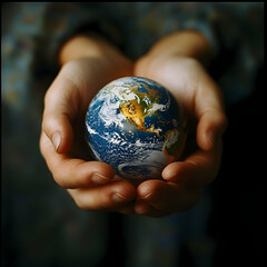 Fototapeta premium Hands holding a miniature Earth, symbolizing environmental care and global sustainability