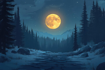 Full moon Night with river and tree vector illustrations 